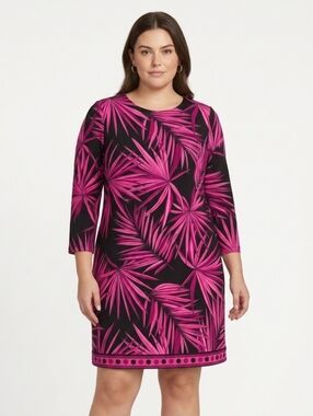 MMK Black and Pink Palm-Print Long-Sleeve Shift Dress Size 1X